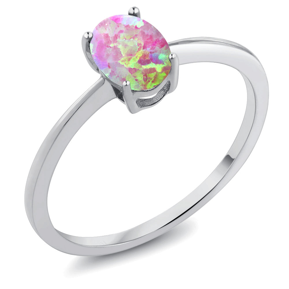 Pink Simulated Opal-Cabochon - October_10_Ring in 10K White Gold