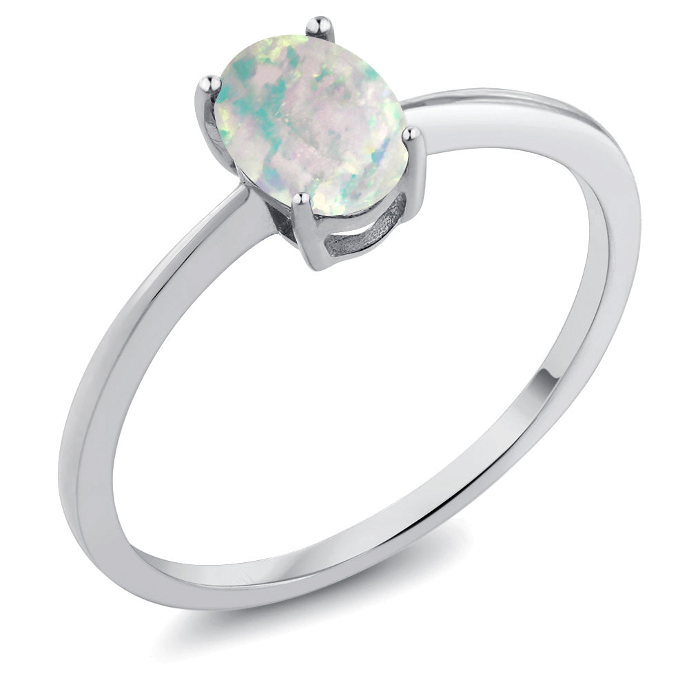 10K White Gold White Simulated Opal Solitaire Engagement Ring For Women (0.63 Cttw, Oval Cabochon 7X5MM, Gemstone October Birthstone, Available in Size 5,6,7,8,9)