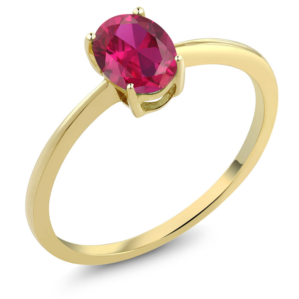 10K Yellow Gold Red Created Ruby Solitaire Engagement Ring | 0.90 Cttw | Oval 7X5MM | Wedding Anniversary Promise Ring For Women | Available in Size 5-10