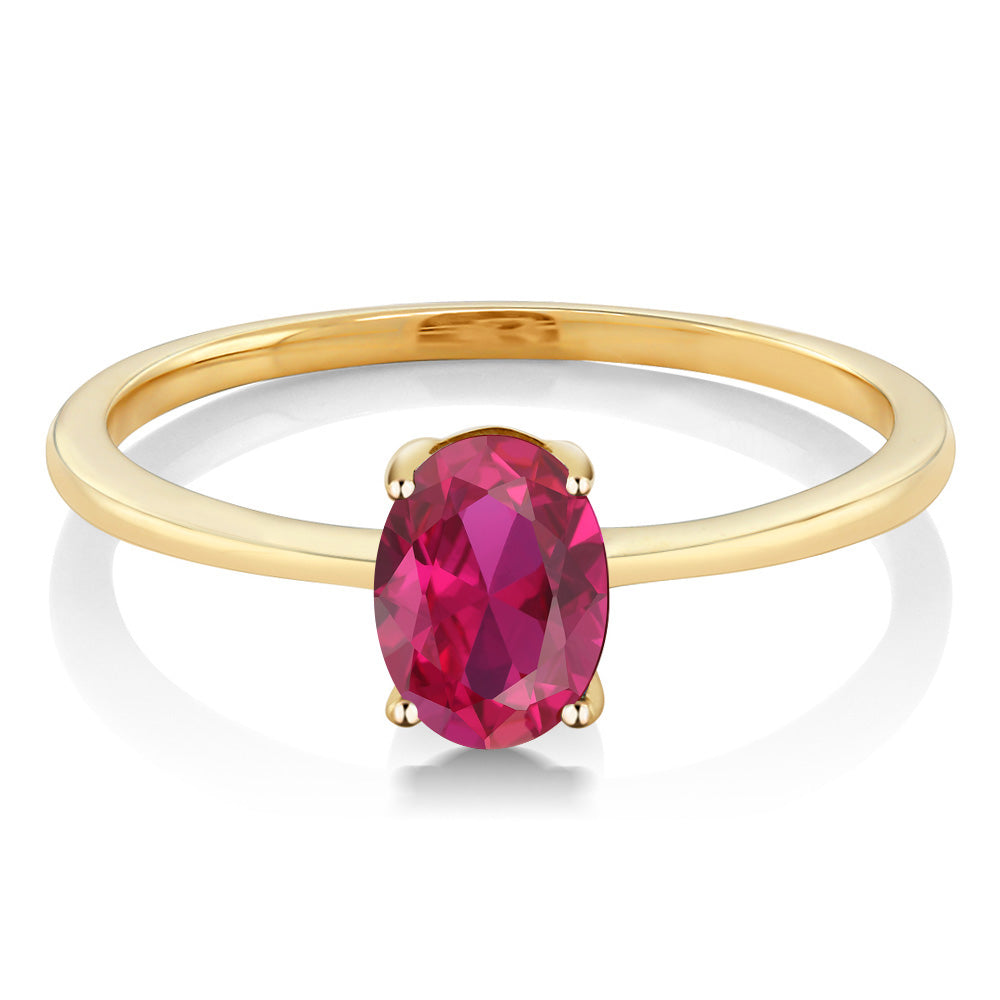 10K Yellow Gold Red Created Ruby Solitaire Engagement Ring | 0.90 Cttw | Oval 7X5MM | Wedding Anniversary Promise Ring For Women | Available in Size 5-10