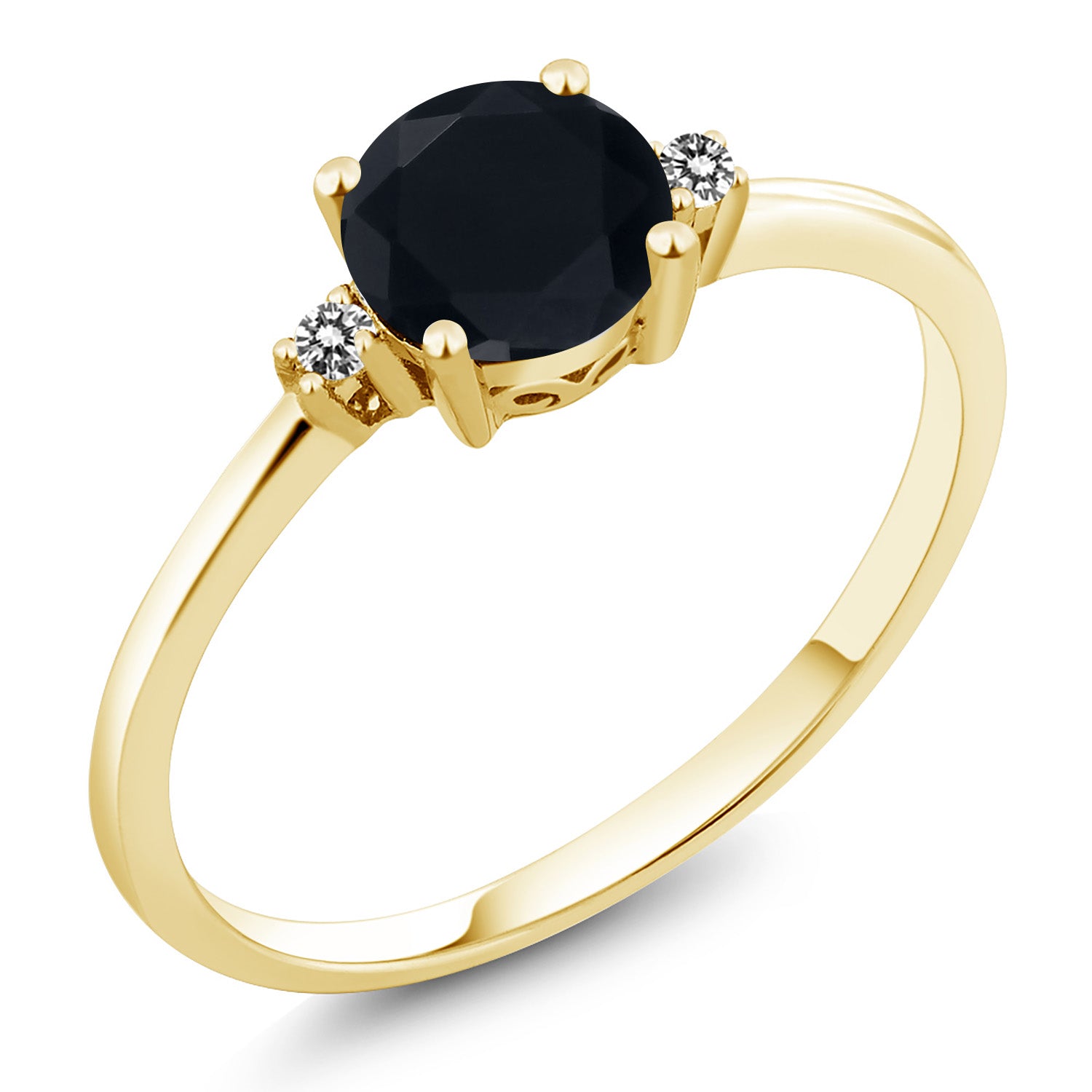 10K Yellow Gold Black Onyx and White Diamond Solitaire Engagement Ring For Women (0.83 Cttw, Round 6MM, Gemstone December Birthstone, Available in Size 5,6,7,8,9)