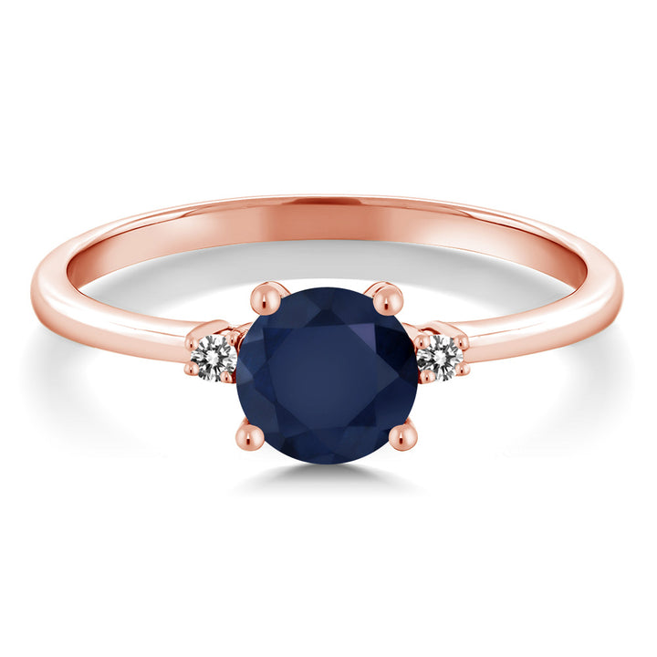 10K Rose Gold Blue Sapphire and White Diamond Solitaire Engagement Ring For Women (1.03 Cttw, Round 6MM, Gemstone September Birthstone, Available in Size 5,6,7,8,9)