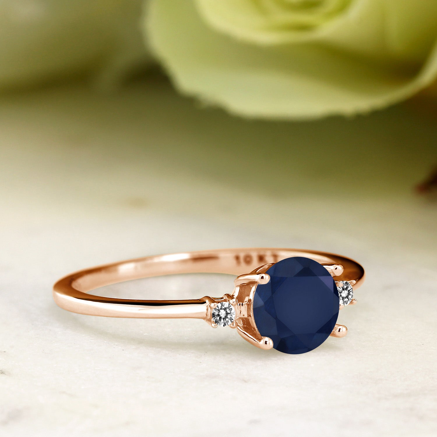 10K Rose Gold Blue Sapphire and White Diamond Solitaire Engagement Ring For Women (1.03 Cttw, Round 6MM, Gemstone September Birthstone, Available in Size 5,6,7,8,9)