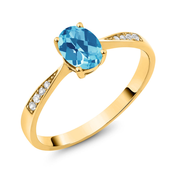 10K Yellow Gold Swiss Blue Topaz and White Diamond Engagement Ring For Women (1.06 Cttw, Gemstone November Birthstone, Oval Checkerboard 7X5MM, Available In Size 5, 6, 7, 8, 9)