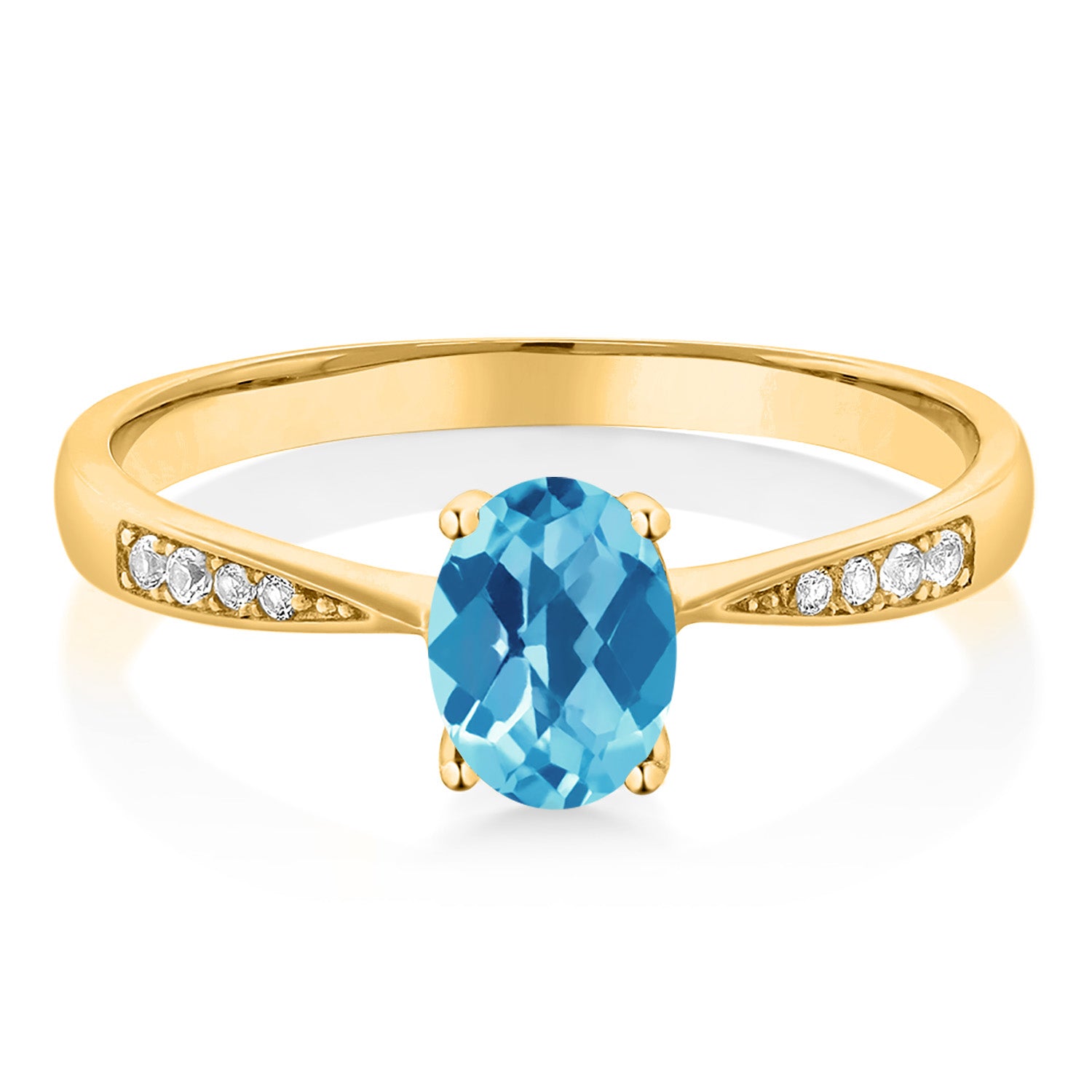 10K Yellow Gold Swiss Blue Topaz and White Diamond Engagement Ring For Women (1.06 Cttw, Gemstone November Birthstone, Oval Checkerboard 7X5MM, Available In Size 5, 6, 7, 8, 9)