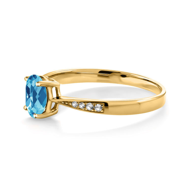 10K Yellow Gold Swiss Blue Topaz and White Diamond Engagement Ring For Women (1.06 Cttw, Gemstone November Birthstone, Oval Checkerboard 7X5MM, Available In Size 5, 6, 7, 8, 9)