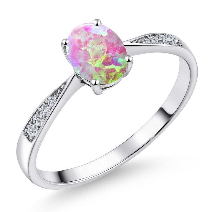 Pink Simulated Opal-Cabochon - October_5_Ring in 10K White Gold