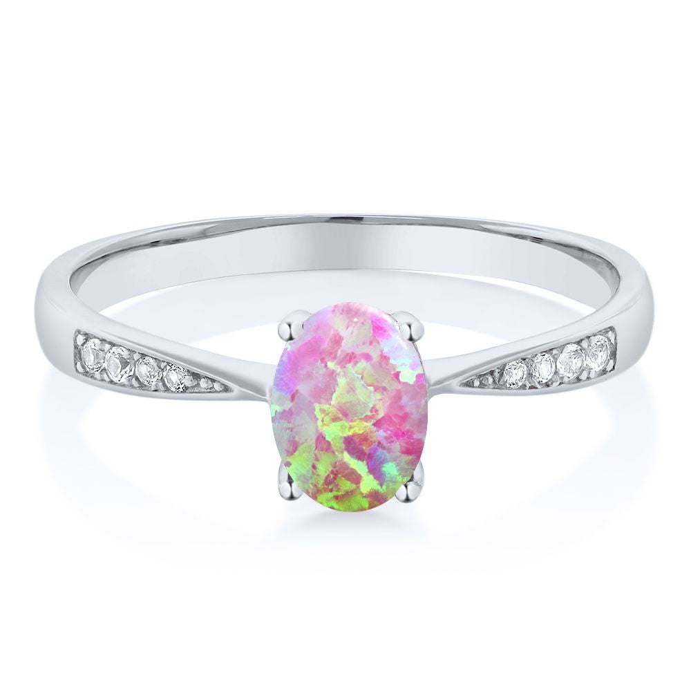Pink Simulated Opal-Cabochon - October_8_Ring in 10K White Gold