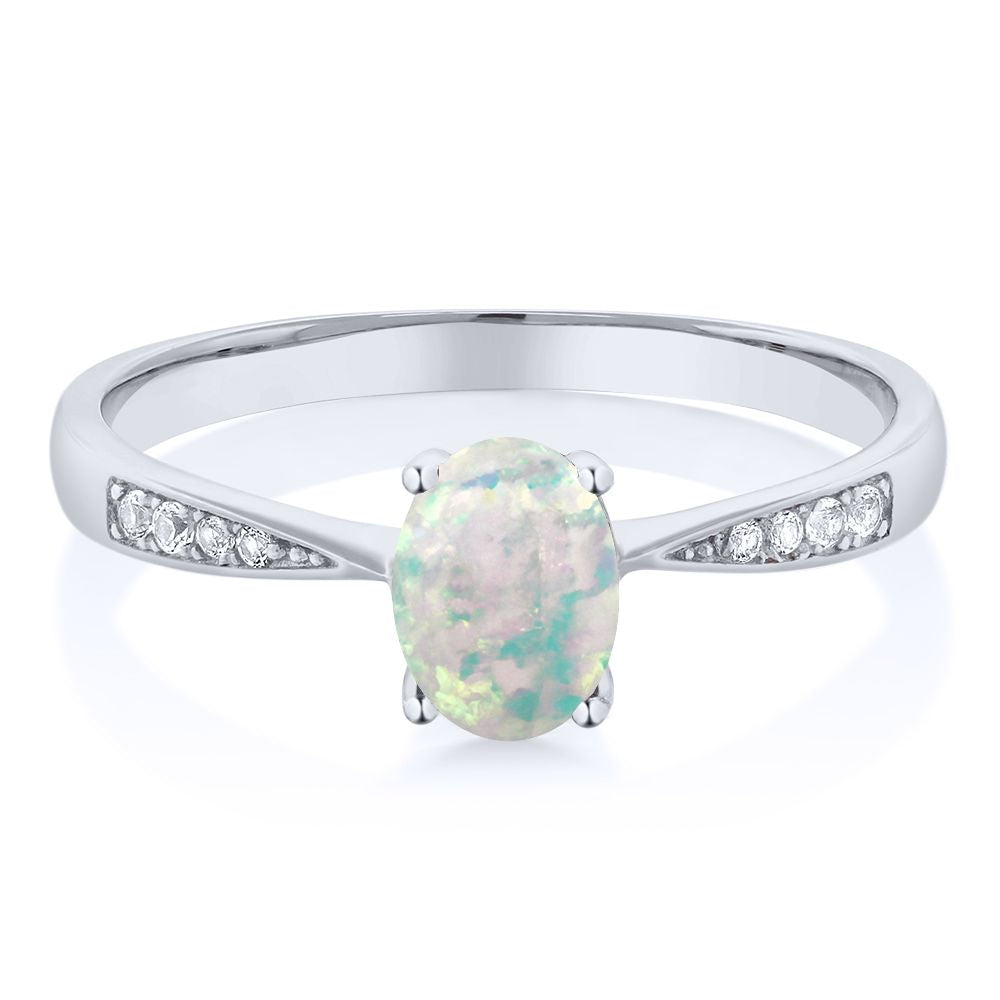 White Simulated Opal-Cabochon - October_7_Ring in 10K White Gold