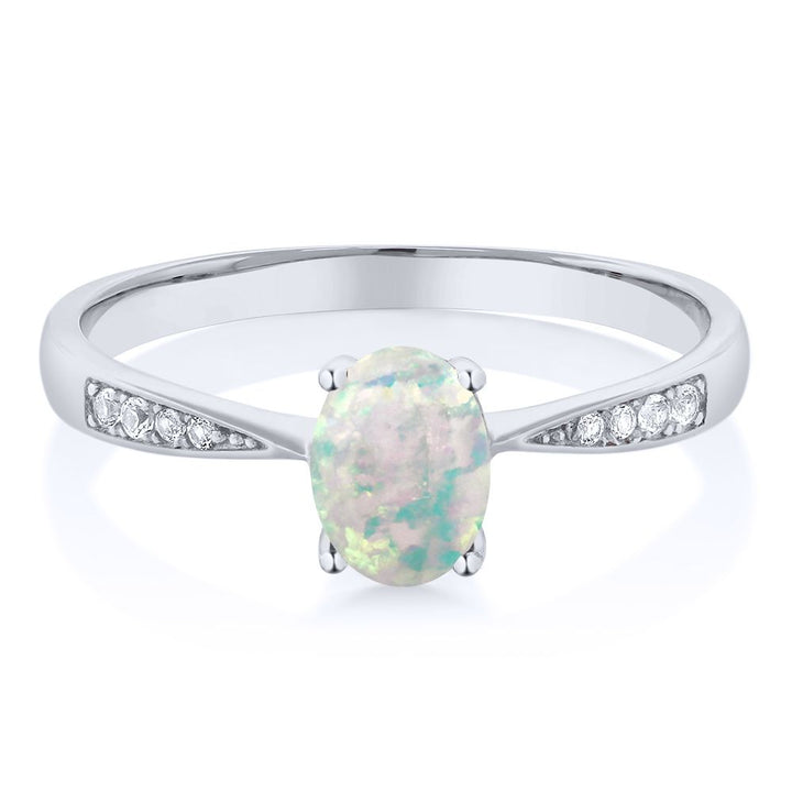 White Simulated Opal-Cabochon - October_5_Ring in 10K White Gold