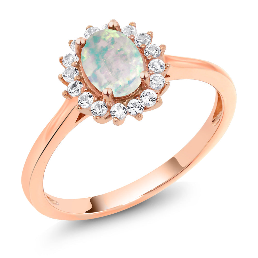 10K Rose Gold Cabochon White Simulated Opal and White Created Sapphire Engagement Ring For Women (0.87 Cttw, Available In Size 5, 6, 7, 8, 9)