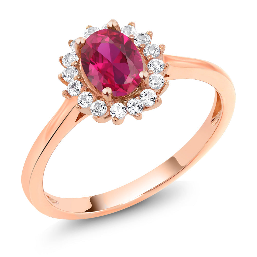 10K Rose Gold Red Created Ruby and White Created Sapphire Engagement Ring For Women (1.14 Cttw, Oval, Available in size 5, 6, 7, 8, 9)