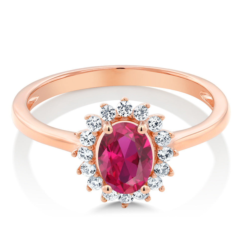 10K Rose Gold Red Created Ruby and White Created Sapphire Engagement Ring For Women (1.14 Cttw, Oval, Available in size 5, 6, 7, 8, 9)