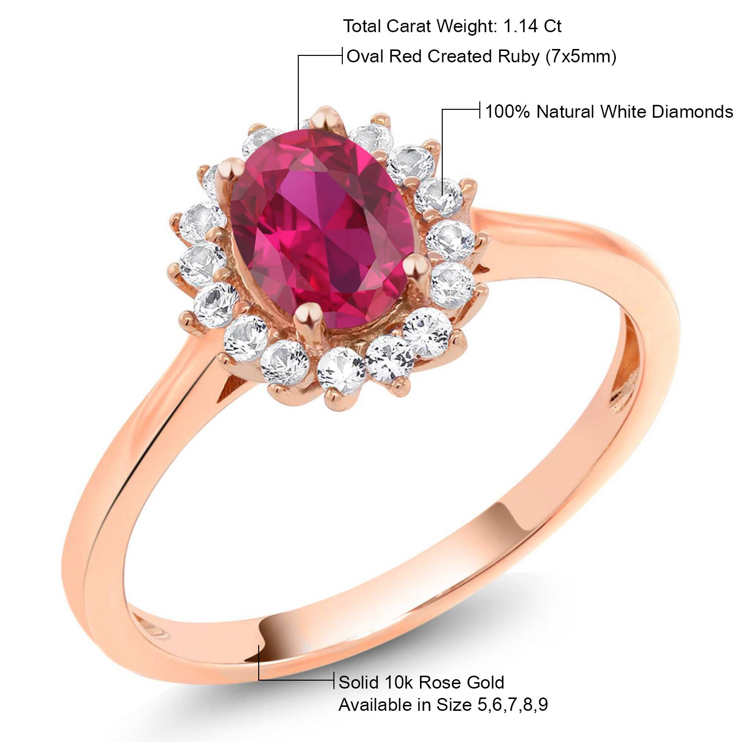 10K Rose Gold Red Created Ruby and White Created Sapphire Engagement Ring For Women (1.14 Cttw, Oval, Available in size 5, 6, 7, 8, 9)