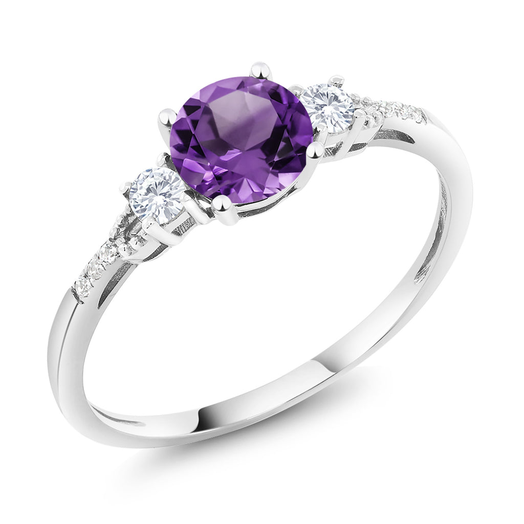 Gem Stone King 10K White Gold 3-Stone Engagement Ring For Women | 6MM Gemstone Birthstone Created Sapphire & Diamond Accent | Wedding Anniversary Promise Ring