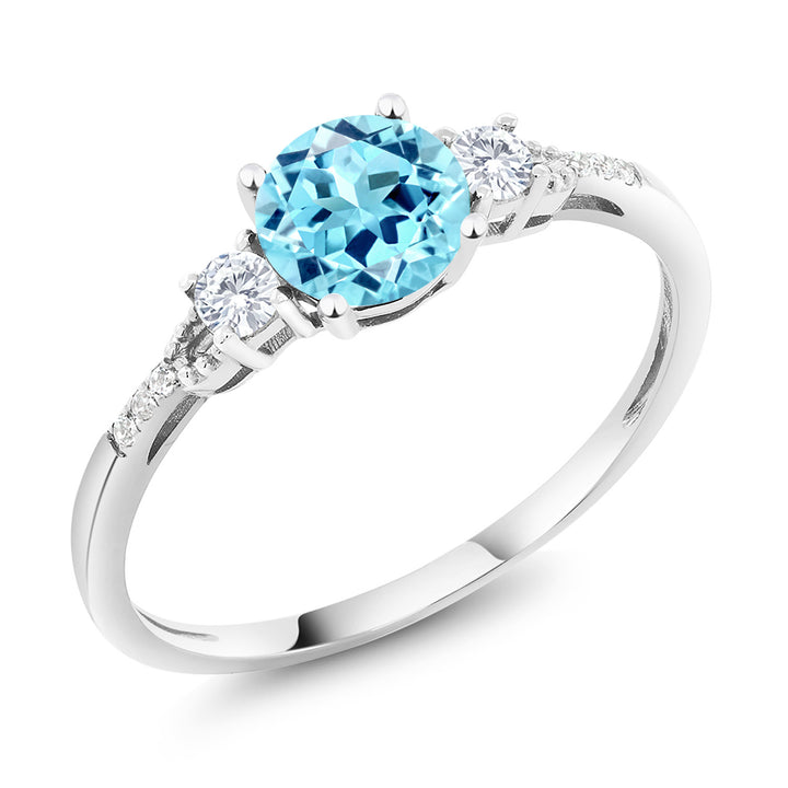 Gem Stone King 10K White Gold Blue Apatite White Created Sapphire and White Diamond Accent 3-Stone Engagement Ring For Women (0.96 Cttw, Round 6MM, Gemstone Birthstone)