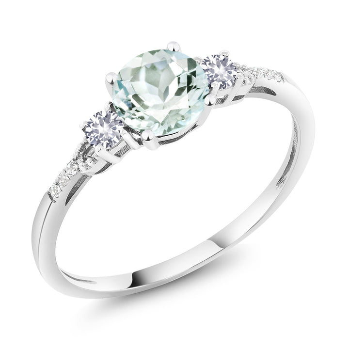 Gem Stone King 10K White Gold 3-Stone Engagement Ring For Women | 6MM Gemstone Birthstone Created Sapphire & Diamond Accent | Wedding Anniversary Promise Ring