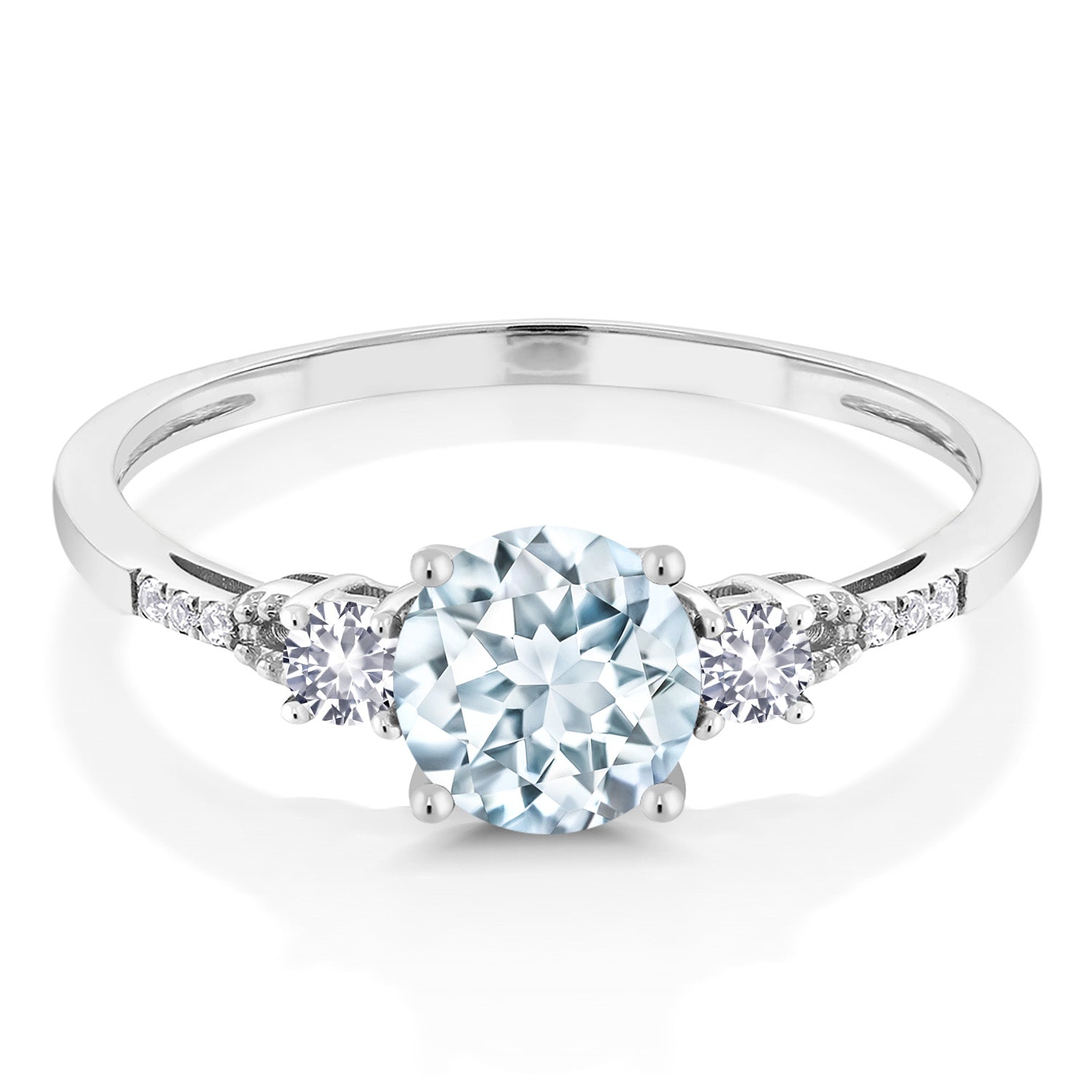 10K White Gold Sky Blue Aquamarine White Created Sapphire and White Diamond Accent 3-Stone Engagement Ring For Women | 0.89 Cttw | Round 6MM | Available In Size 5-9.5