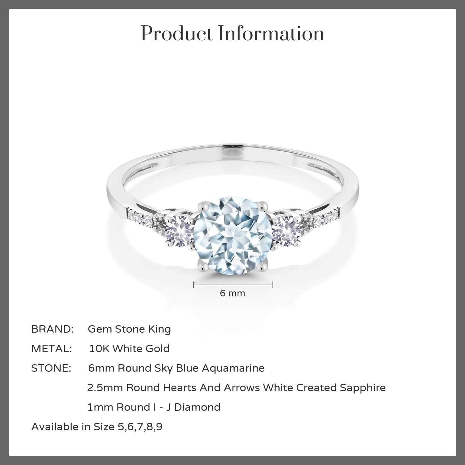 10K White Gold Sky Blue Aquamarine White Created Sapphire and White Diamond Accent 3-Stone Engagement Ring For Women | 0.89 Cttw | Round 6MM | Available In Size 5-9.5