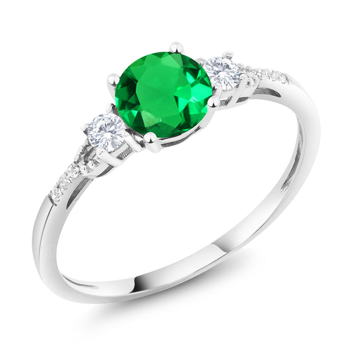 Gem Stone King 10K White Gold 3-Stone Engagement Ring For Women | 6MM Gemstone Birthstone Created Sapphire & Diamond Accent | Wedding Anniversary Promise Ring