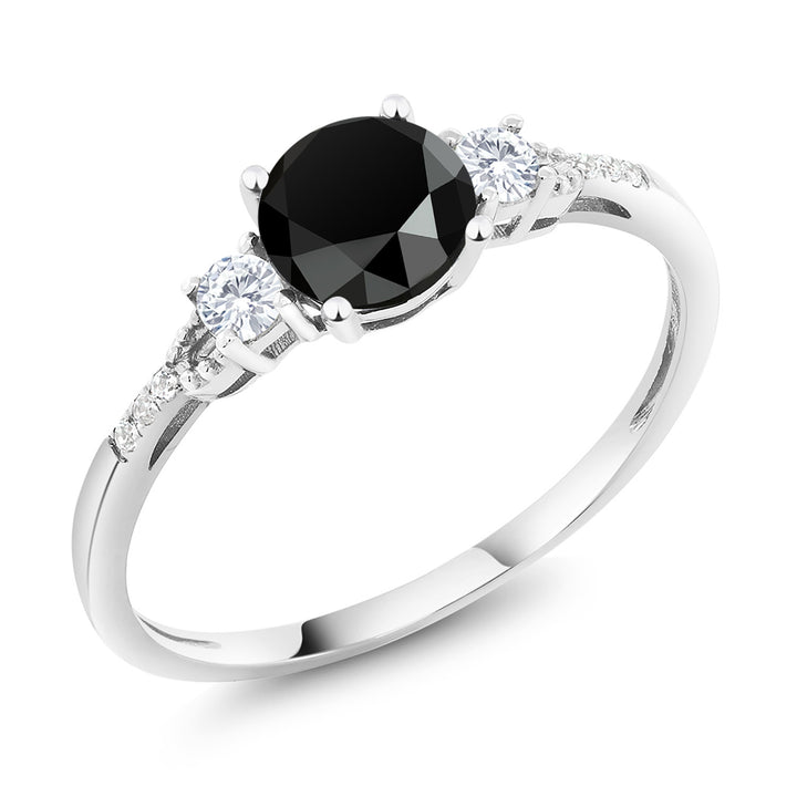 Gem Stone King 10K White Gold 3-Stone Engagement Ring For Women | 6MM Gemstone Birthstone Created Sapphire & Diamond Accent | Wedding Anniversary Promise Ring