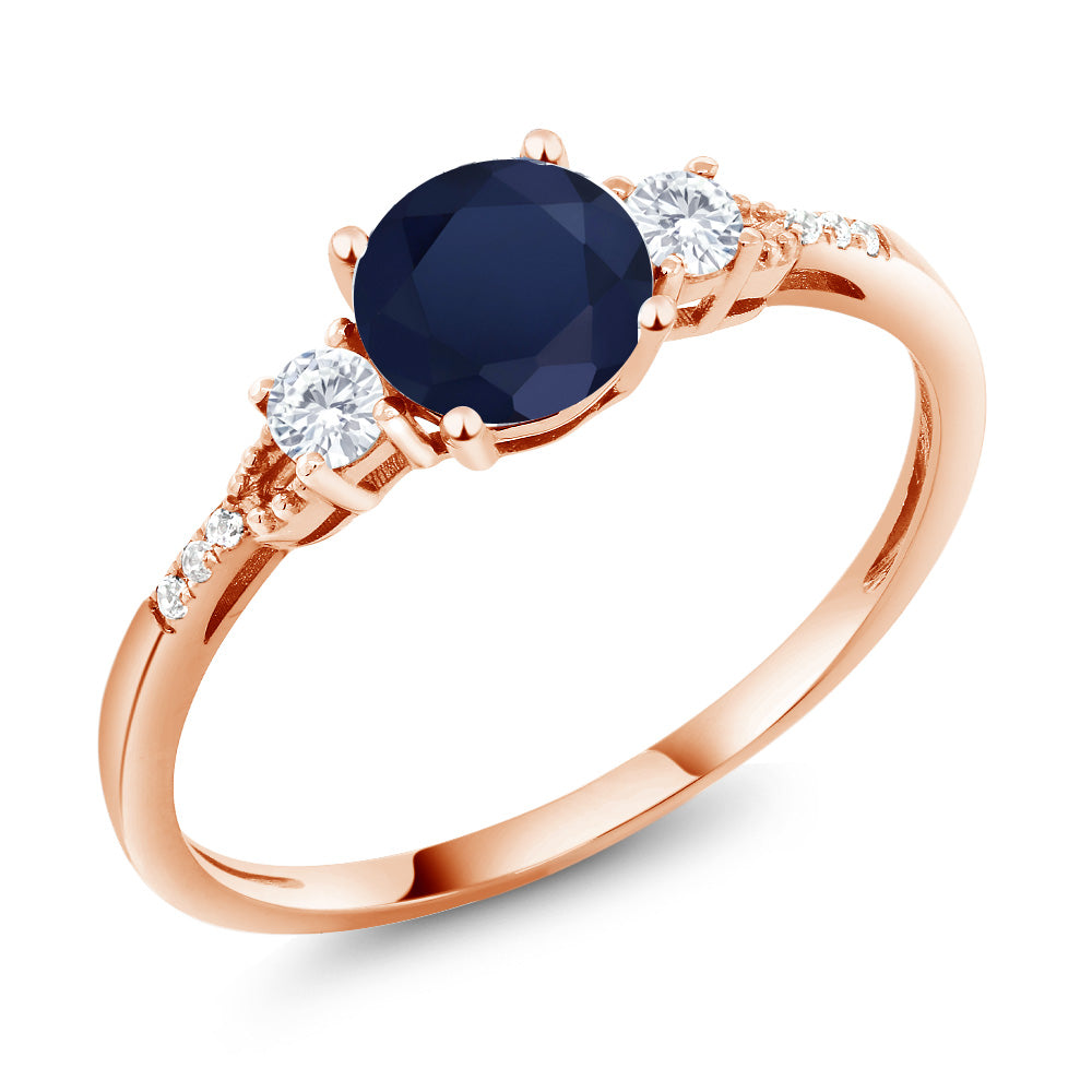Gem Stone King 10K Rose Gold 3-Stone Engagement Ring for Women | 6MM Gemstone Birthstone Created Sapphire & Diamond Accent | Wedding Anniversary Promise Ring
