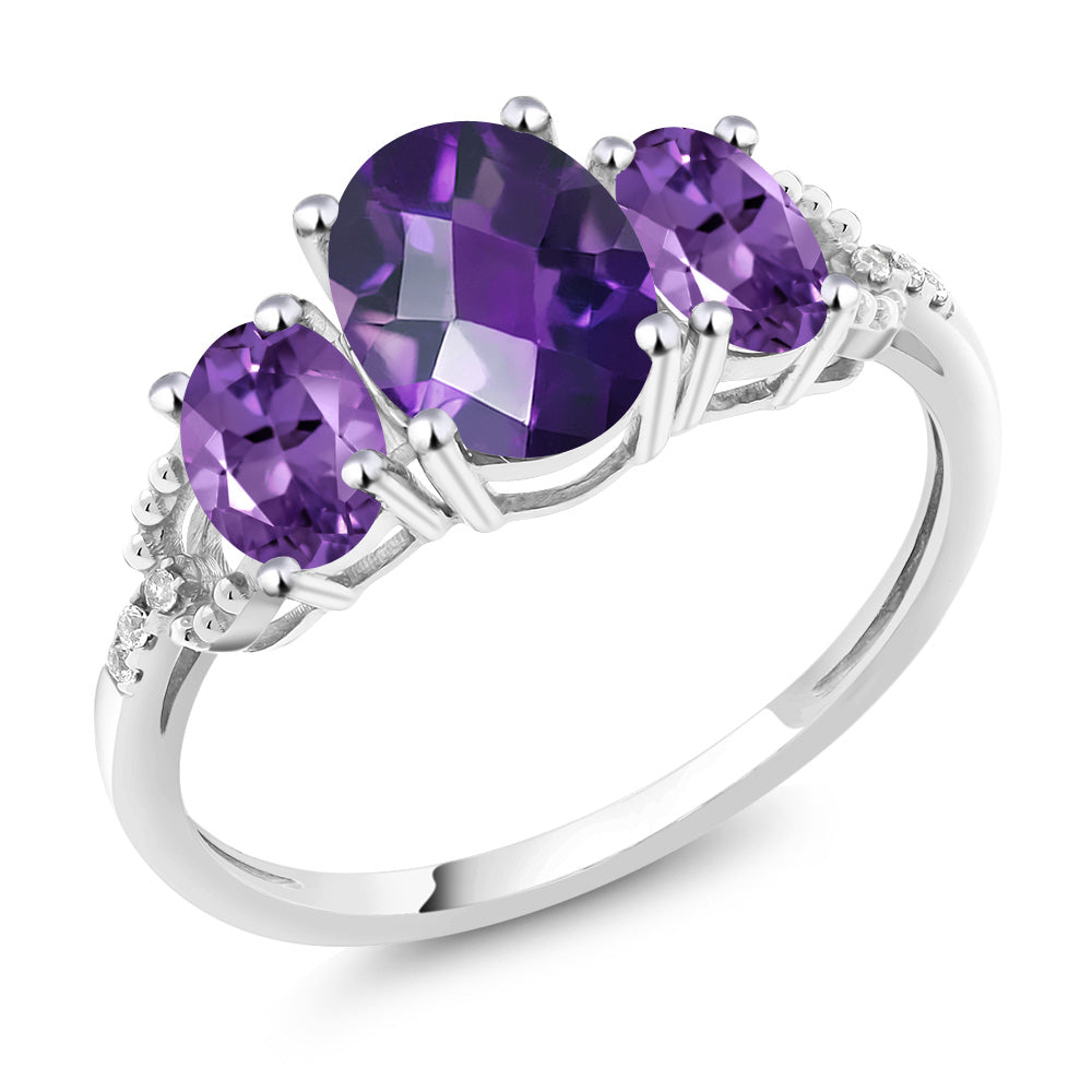 10K White Gold Oval Checkerboard Purple Amethyst and Diamond Accent Three-Stone Women Engagement Ring (1.75 Cttw, Gemstone Birthstone)