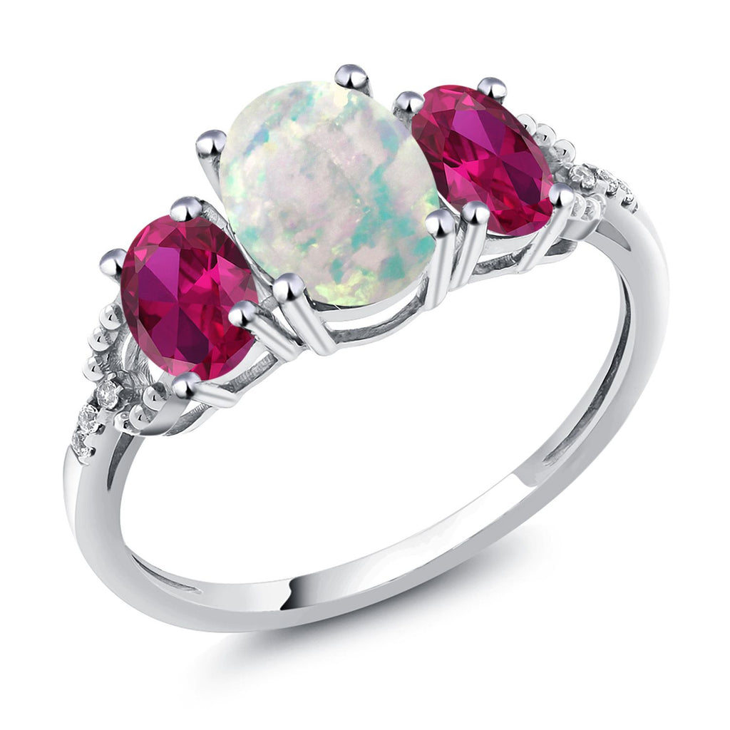 Gem Stone King 10K White Gold Simulated Opal Red Created Ruby and Diamond Accent 3-Stone Engagement Ring | 2.10 Cttw | Three Stone Wedding Anniversary Promise Ring For Women
