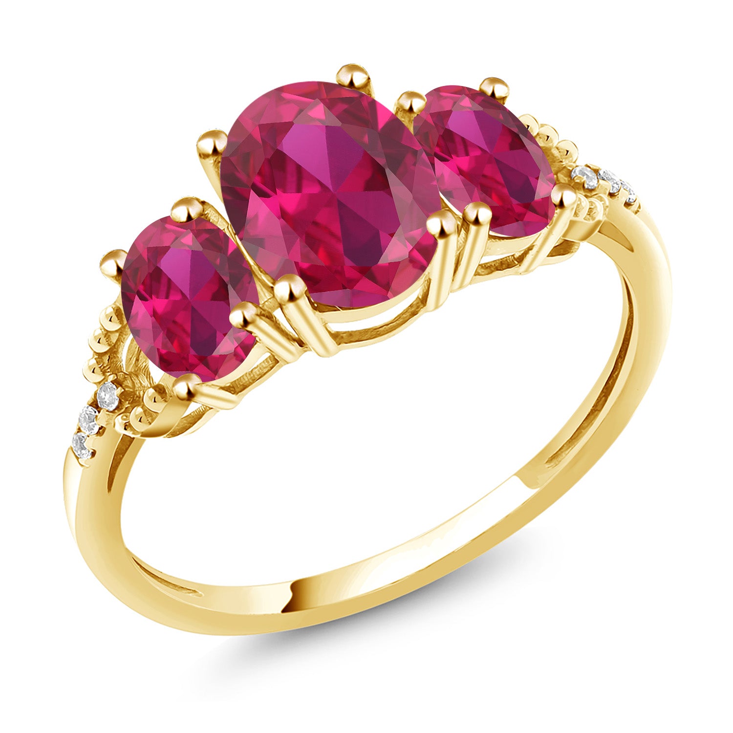 10K Yellow Gold Red Created Ruby and Diamond Accent 3 Stone Engagement Ring For Women | 2.54 Cttw | Oval 8X6MM and 6X44MM | Size 5-9.5