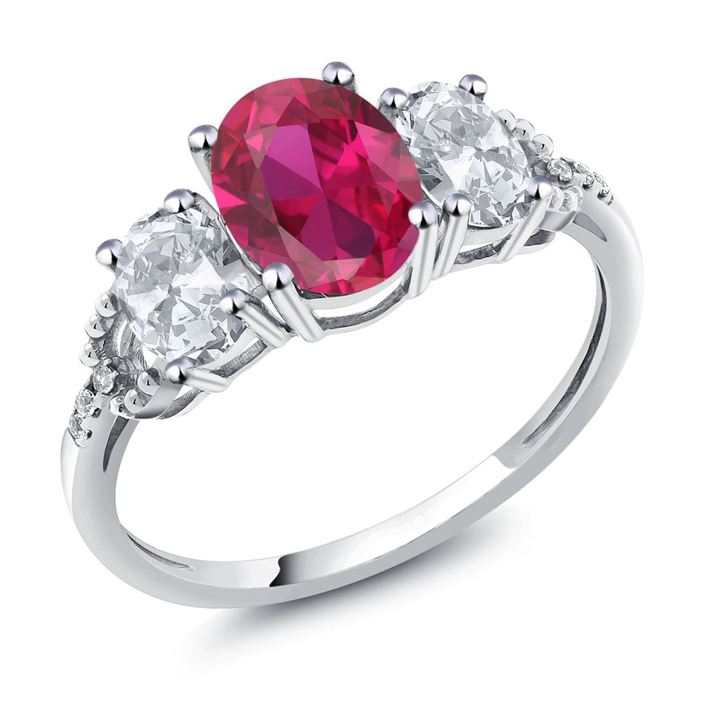 Gem Stone King 10K White Gold Oval Gemstone Birthstone & White Topaz 3-Stone Engagement Ring with Diamond Accents | 8X6MM Center, 6X4MM Sides, 1MM Accents | Three Stone Wedding Anniversary Promise Ring For Women