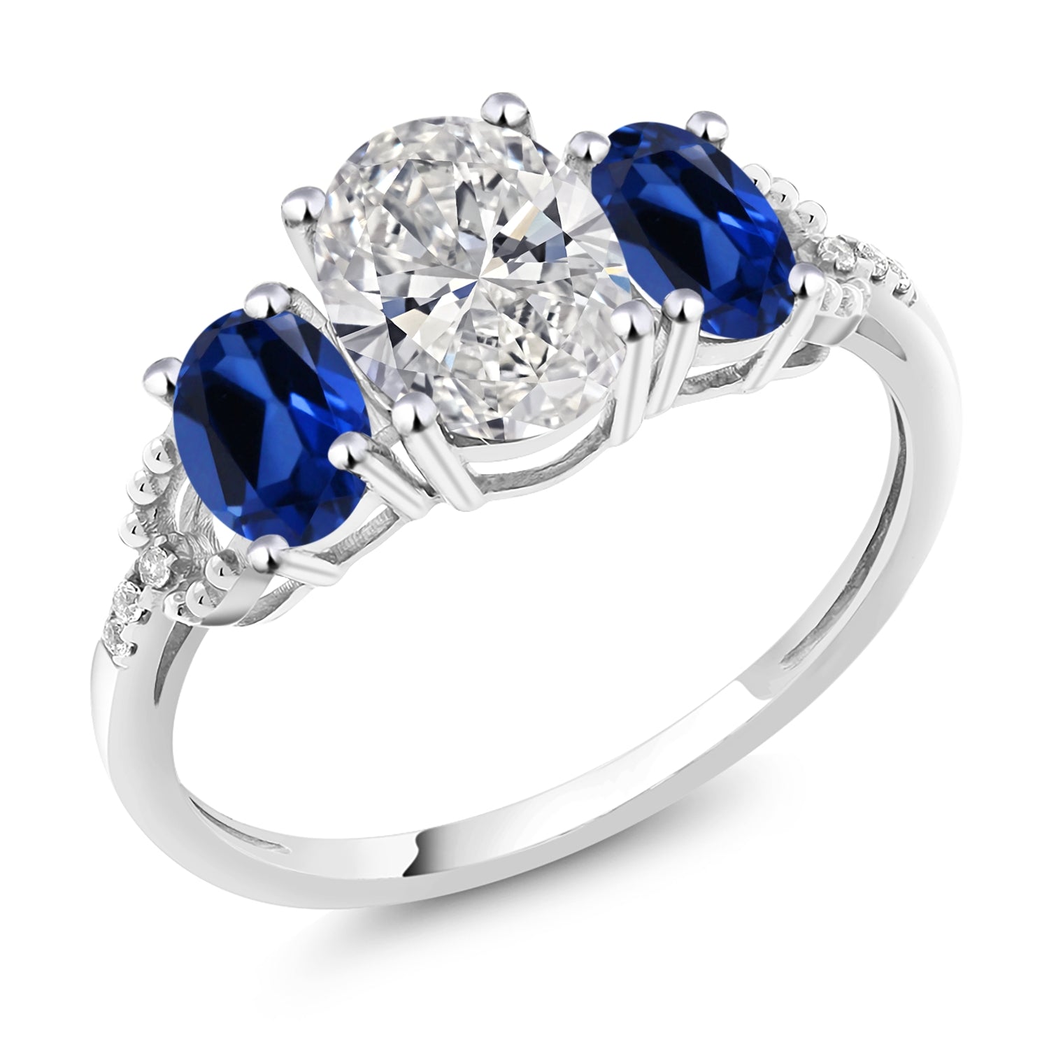 10K White Gold White IGI Certified Lab Grown Diamond and Blue Created Sapphire 3-Stone Engagement Ring For Women | 2.76 Cttw | Center 1.5 Ct Diamond | E-F Color VS1-VS2 Clarity | Available in Size 5 to 9