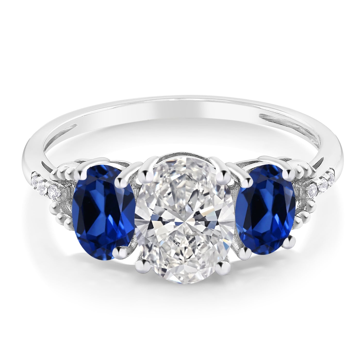 10K White Gold White IGI Certified Lab Grown Diamond and Blue Created Sapphire 3-Stone Engagement Ring For Women | 2.76 Cttw | Center 1.5 Ct Diamond | E-F Color VS1-VS2 Clarity | Available in Size 5 to 9