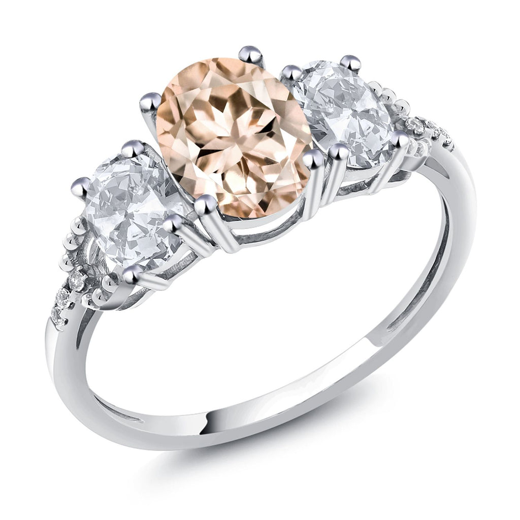 Gem Stone King 10K White Gold Oval Gemstone Birthstone & White Topaz 3-Stone Engagement Ring with Diamond Accents | 8X6MM Center, 6X4MM Sides, 1MM Accents | Three Stone Wedding Anniversary Promise Ring For Women