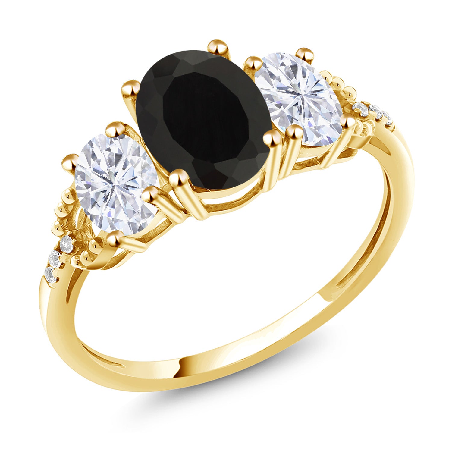 10K Yellow Gold Black Onyx White Moissanite and Diamond 3-Stone Engagement Ring | 2.64 Cttw | Three Stone Wedding Anniversary Promise Ring For Women | Oval 8X6MM and 6X4MM