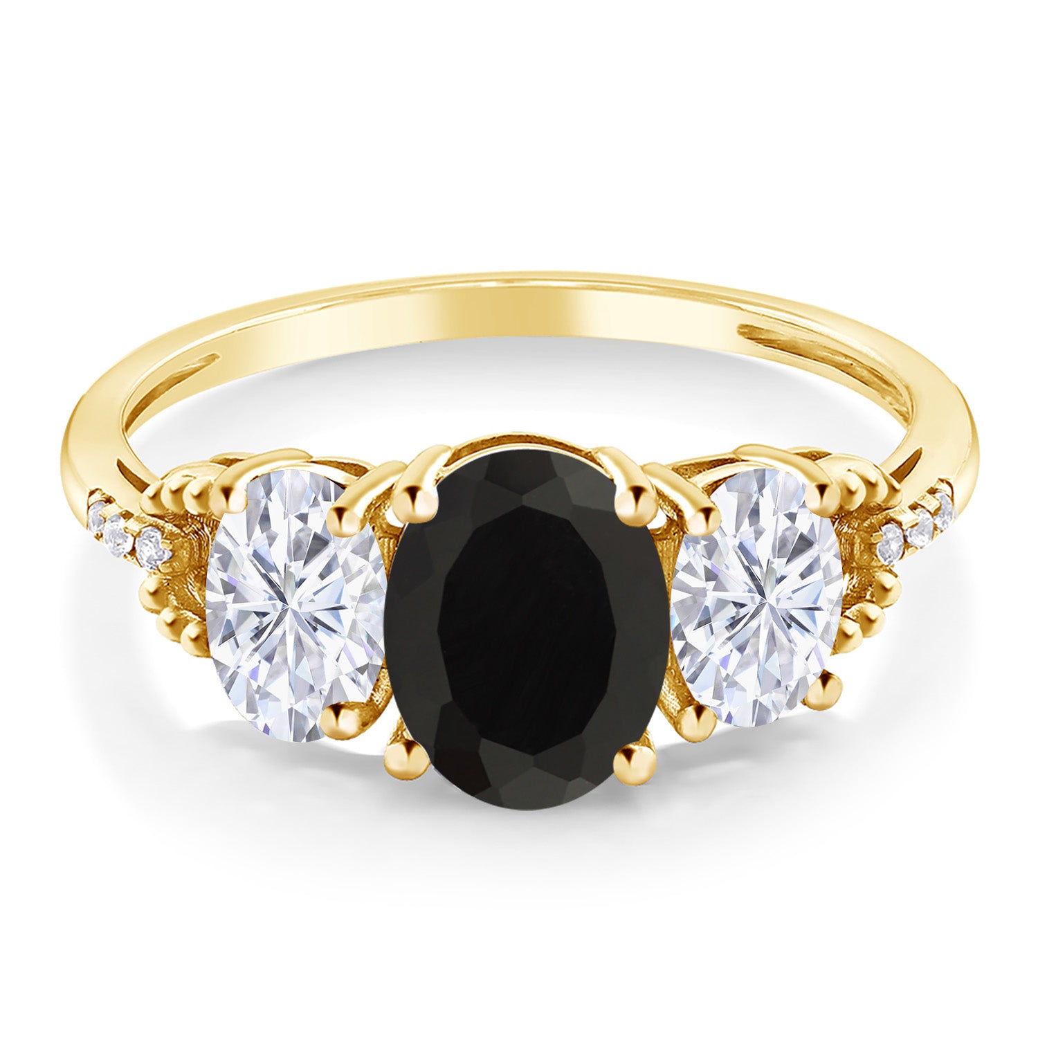 10K Yellow Gold Black Onyx White Moissanite and Diamond 3-Stone Engagement Ring | 2.64 Cttw | Three Stone Wedding Anniversary Promise Ring For Women | Oval 8X6MM and 6X4MM