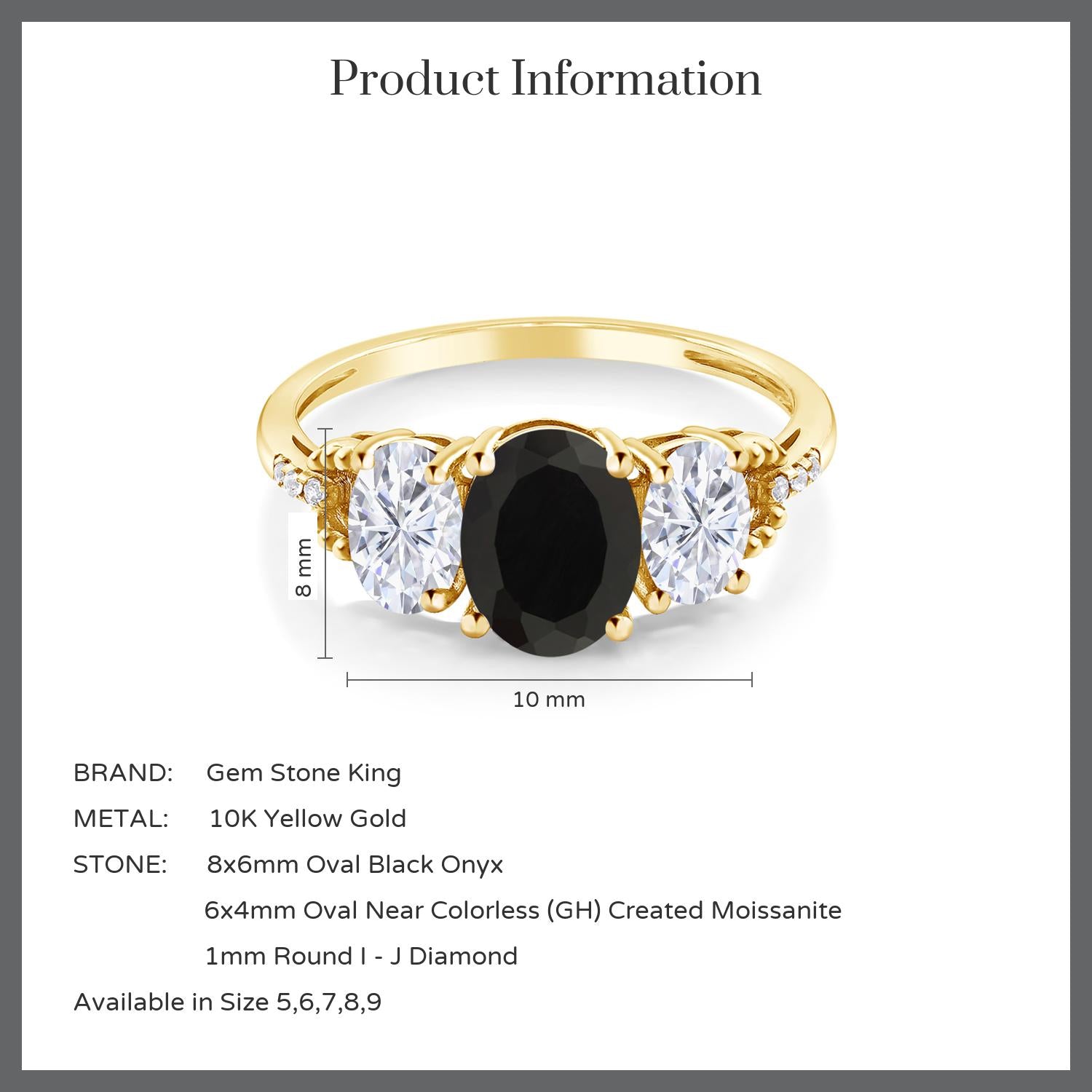 10K Yellow Gold Black Onyx White Moissanite and Diamond 3-Stone Engagement Ring | 2.64 Cttw | Three Stone Wedding Anniversary Promise Ring For Women | Oval 8X6MM and 6X4MM