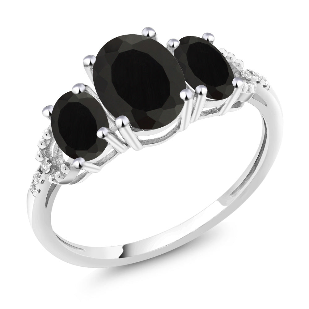 2.08 Cttw 10K White Gold Black Onyx and Diamond Accent 3-Stone Engagement Ring | Oval 8X6MM and 6X4MM | Three Stone Wedding Anniversary Promise Ring For Women