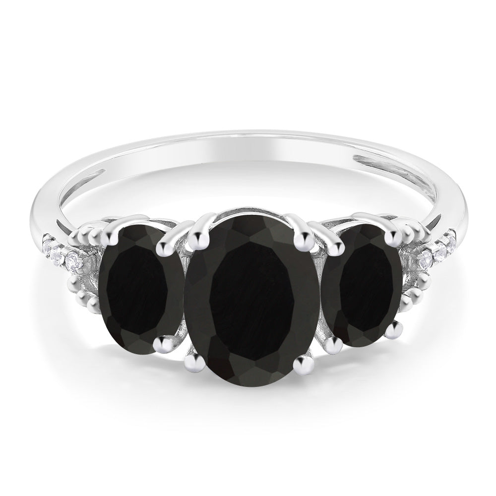 2.08 Cttw 10K White Gold Black Onyx and Diamond Accent 3-Stone Engagement Ring | Oval 8X6MM and 6X4MM | Three Stone Wedding Anniversary Promise Ring For Women