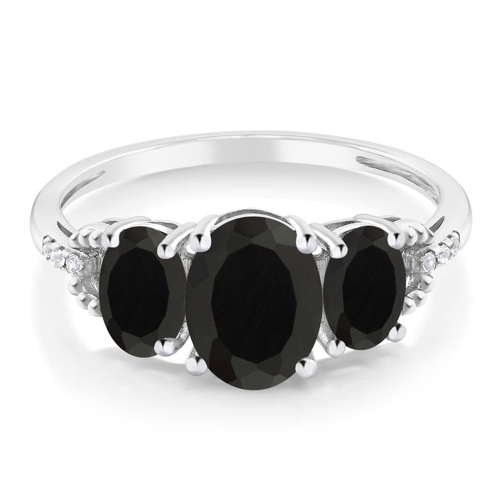 2.08 Cttw 10K White Gold Black Onyx and Diamond Accent 3-Stone Engagement Ring | Oval 8X6MM and 6X4MM | Three Stone Wedding Anniversary Promise Ring For Women