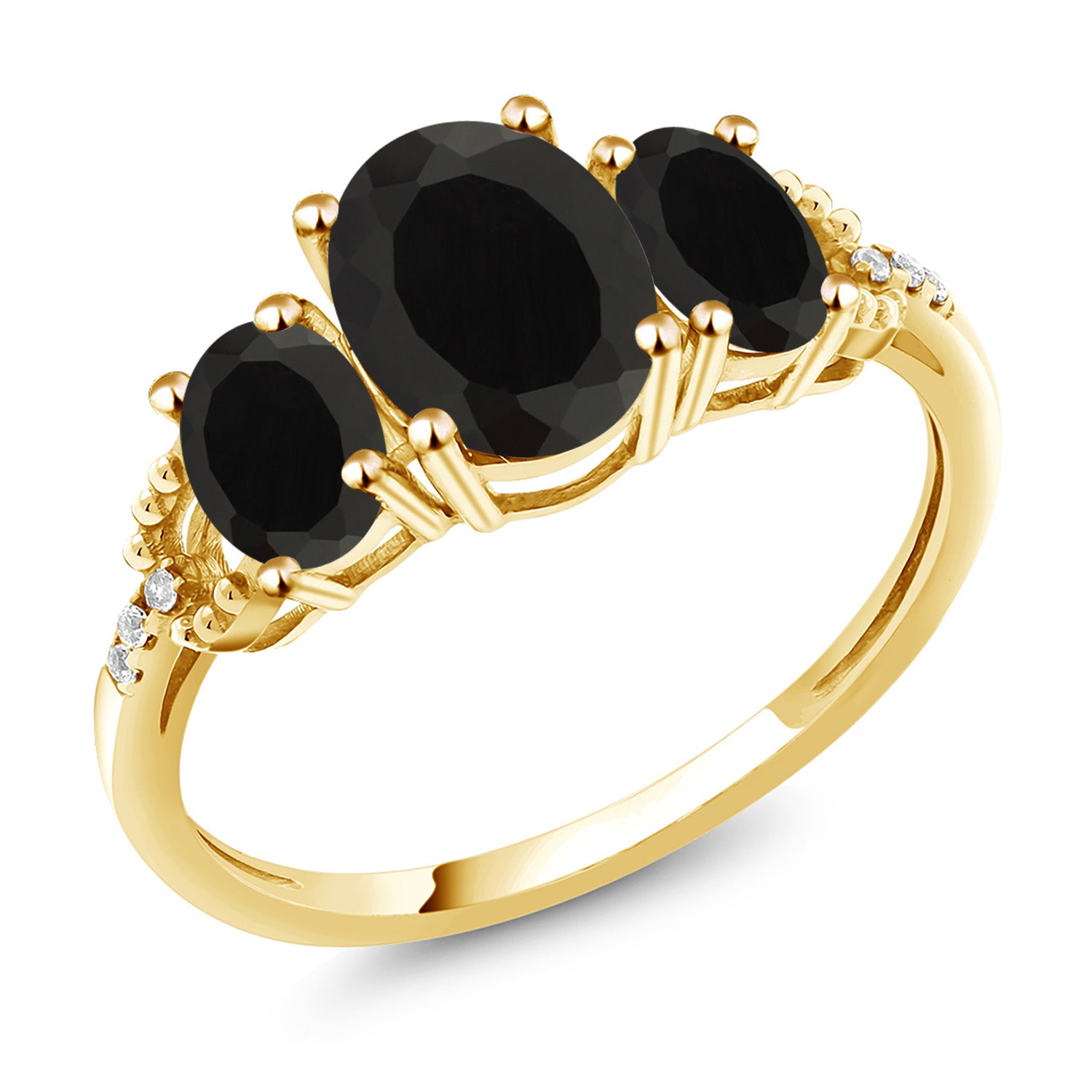 10K Yellow Gold Black Onyx and Diamond 3-Stone Engagement Ring | 2.44 Cttw | Gemstone Birthstone | 3 Stone Wedding Engagement Anniversary Promise Ring For Women