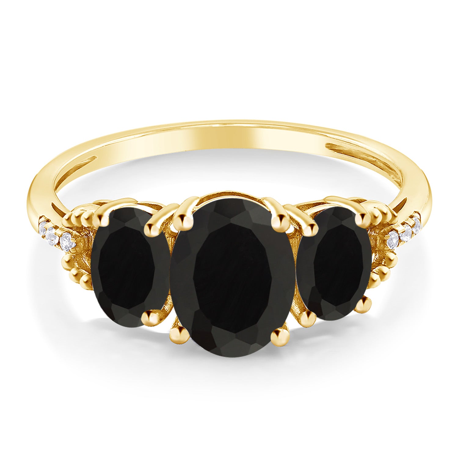 10K Yellow Gold Black Onyx and Diamond 3-Stone Engagement Ring | 2.44 Cttw | Gemstone Birthstone | 3 Stone Wedding Engagement Anniversary Promise Ring For Women