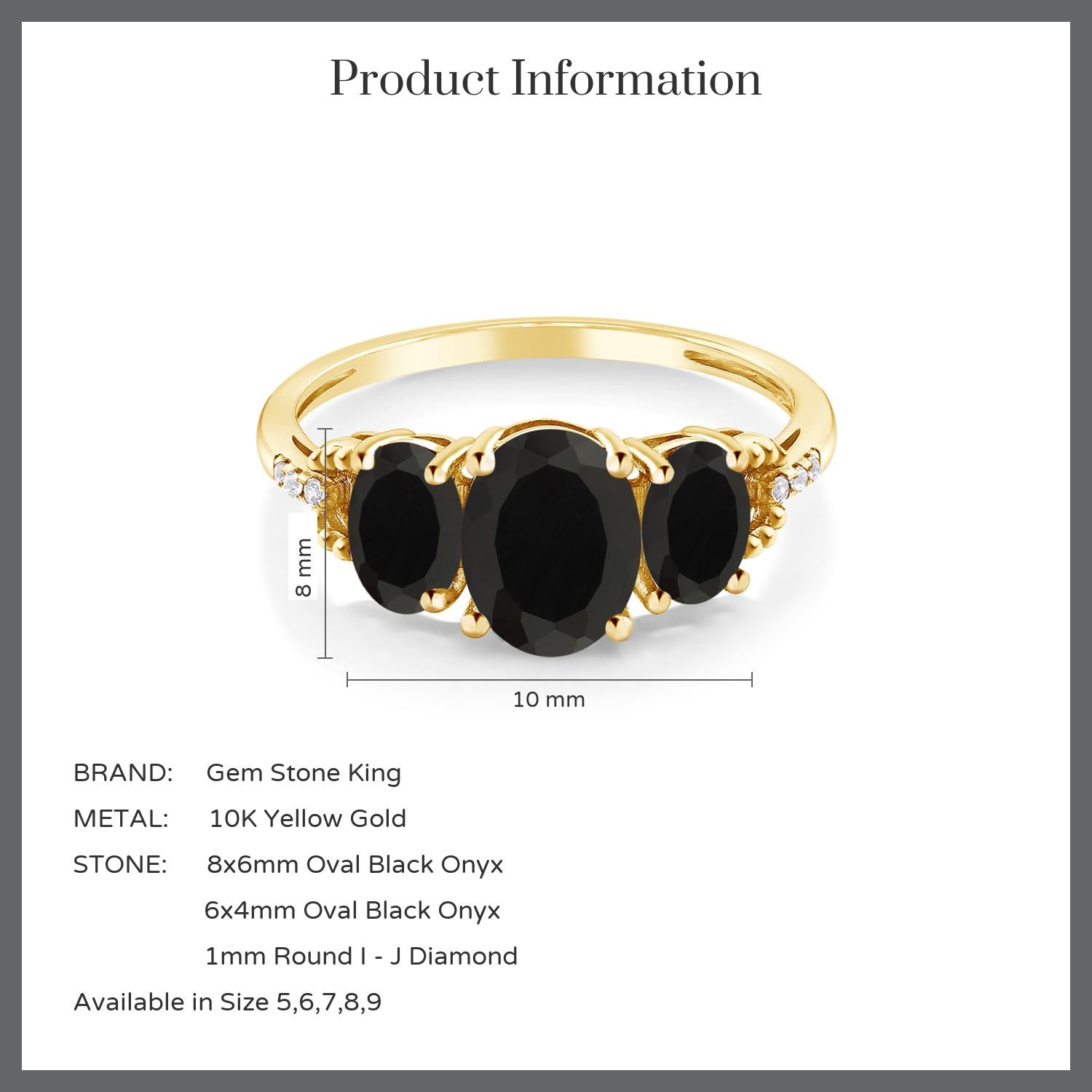 10K Yellow Gold Black Onyx and Diamond 3-Stone Engagement Ring | 2.44 Cttw | Gemstone Birthstone | 3 Stone Wedding Engagement Anniversary Promise Ring For Women