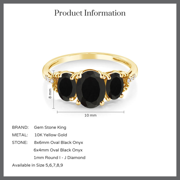 10K Yellow Gold Black Onyx and Diamond 3-Stone Engagement Ring | 2.44 Cttw | Gemstone Birthstone | 3 Stone Wedding Engagement Anniversary Promise Ring For Women