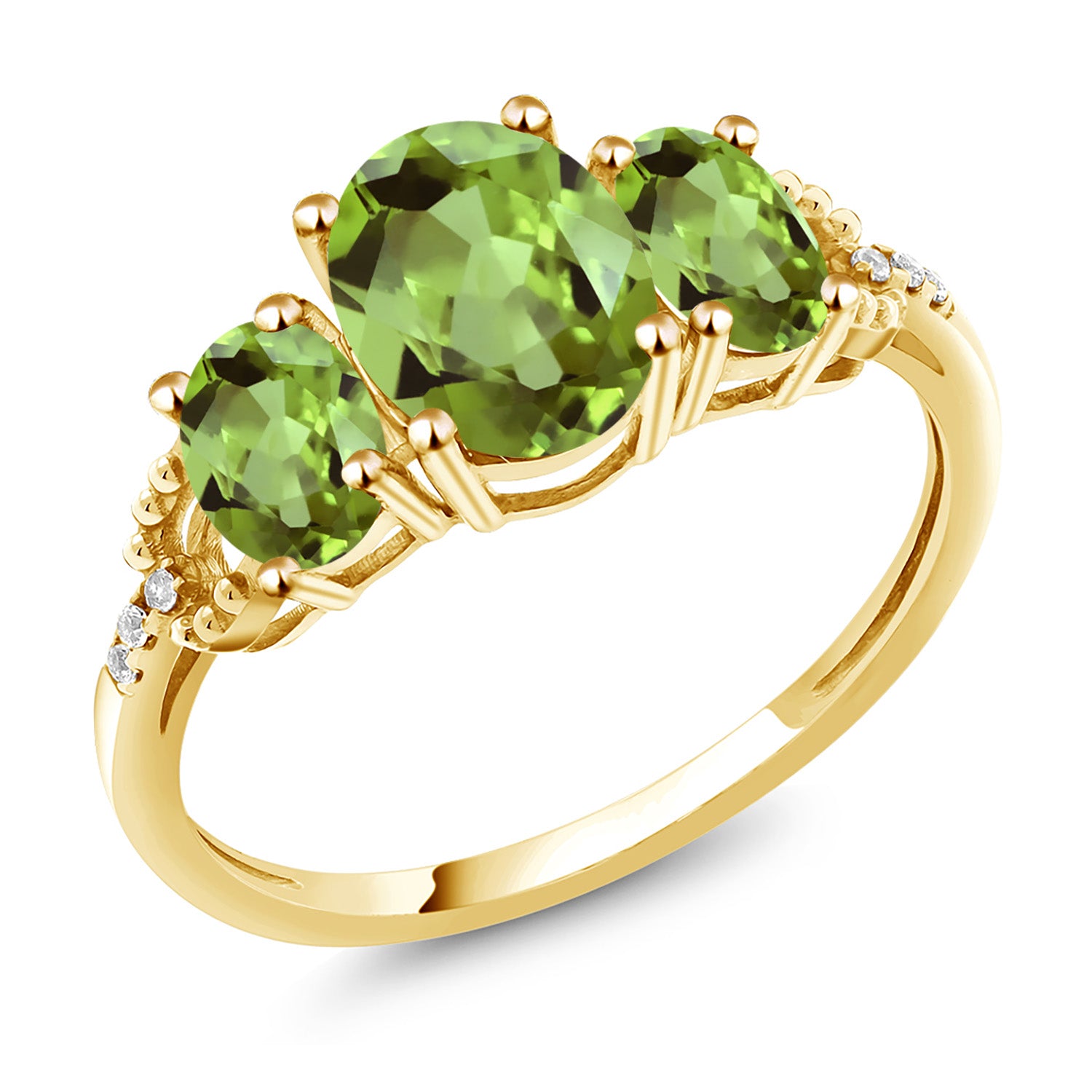 2.46 Cttw 10K Yellow Gold Green Peridot and Diamond Accent 3-Stone Engagement Ring For Women | Three Stone Wedding Anniversary Promise Ring For Women