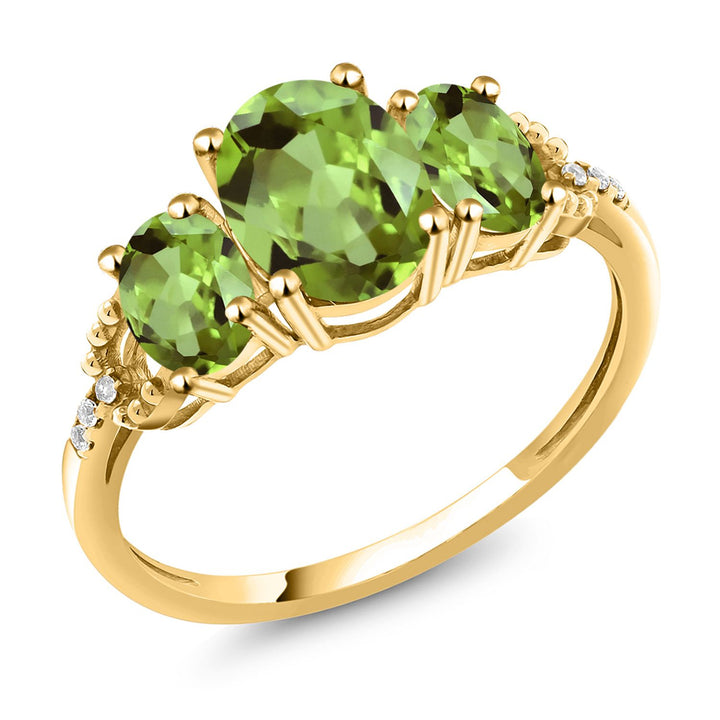 2.46 Cttw 10K Yellow Gold Green Peridot and Diamond Accent 3-Stone Engagement Ring For Women | Three Stone Wedding Anniversary Promise Ring For Women