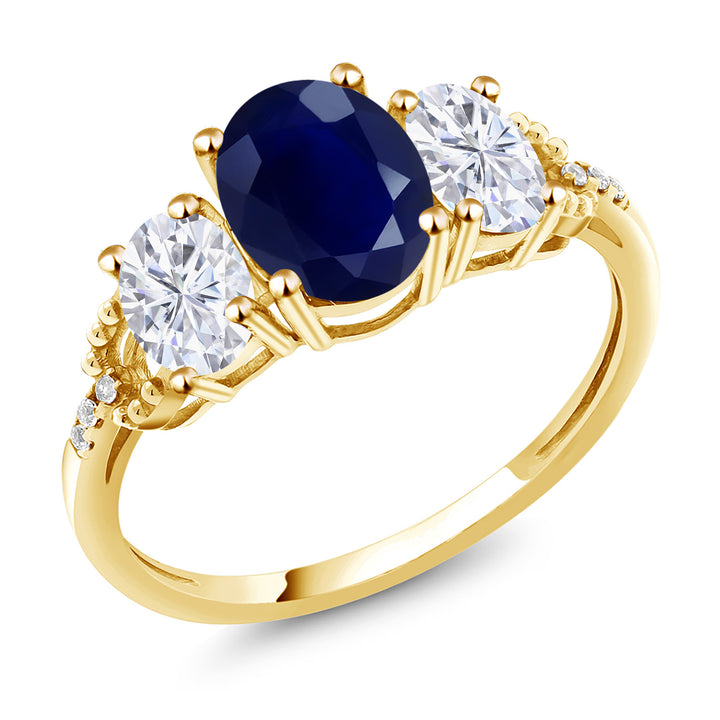 2.84 Cttw 10K Yellow Gold Blue Sapphire White Moissanite and Diamond 3-Stone Engagement Ring | Gemstone Birthstone | Three Stone Wedding Anniversary Promise Ring For Women