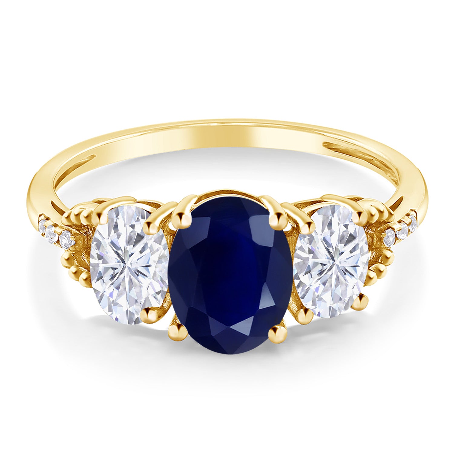 2.84 Cttw 10K Yellow Gold Blue Sapphire White Moissanite and Diamond 3-Stone Engagement Ring | Gemstone Birthstone | Three Stone Wedding Anniversary Promise Ring For Women