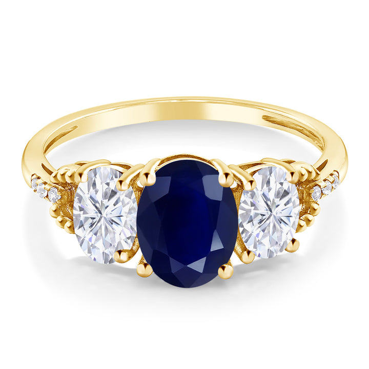 2.84 Cttw 10K Yellow Gold Blue Sapphire White Moissanite and Diamond 3-Stone Engagement Ring | Gemstone Birthstone | Three Stone Wedding Anniversary Promise Ring For Women