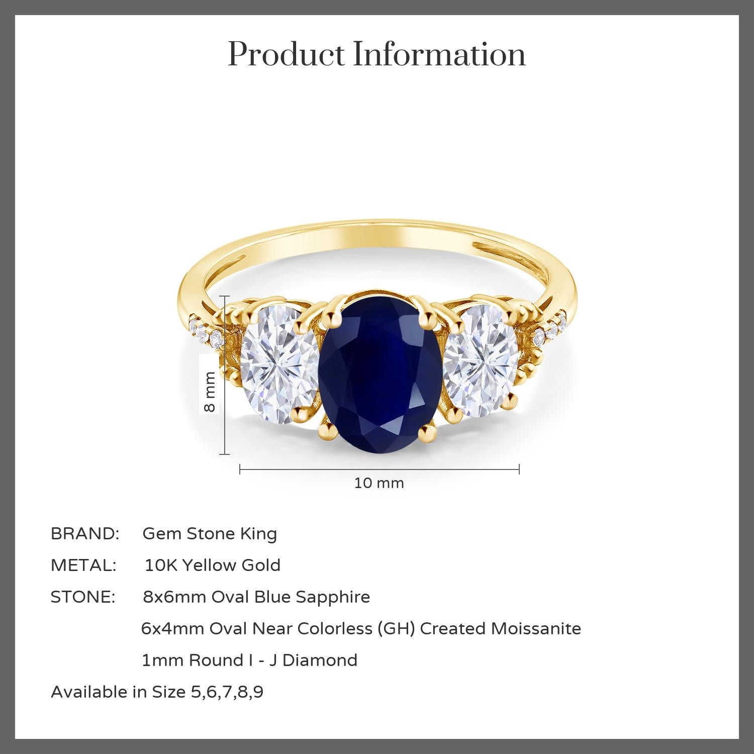 2.84 Cttw 10K Yellow Gold Blue Sapphire White Moissanite and Diamond 3-Stone Engagement Ring | Gemstone Birthstone | Three Stone Wedding Anniversary Promise Ring For Women