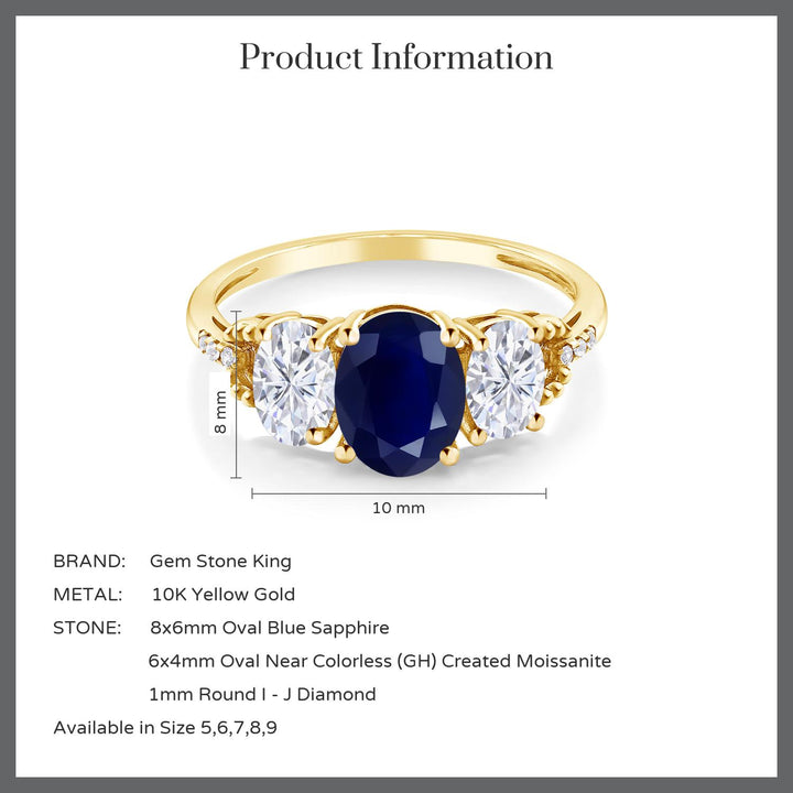 2.84 Cttw 10K Yellow Gold Blue Sapphire White Moissanite and Diamond 3-Stone Engagement Ring | Gemstone Birthstone | Three Stone Wedding Anniversary Promise Ring For Women